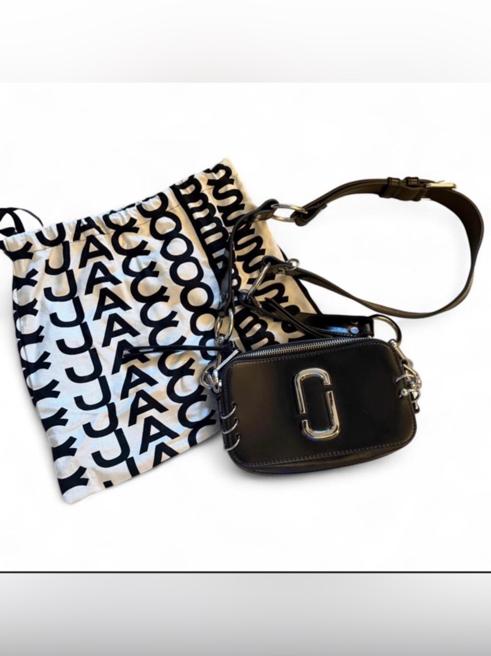 Marc Jacobs Black Leather Snapshot Crossbody with Silver Hardware